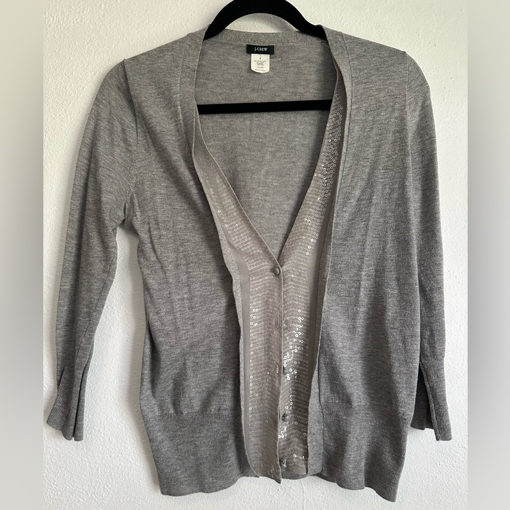 J crew Sequin placket gray wool blend cardigan